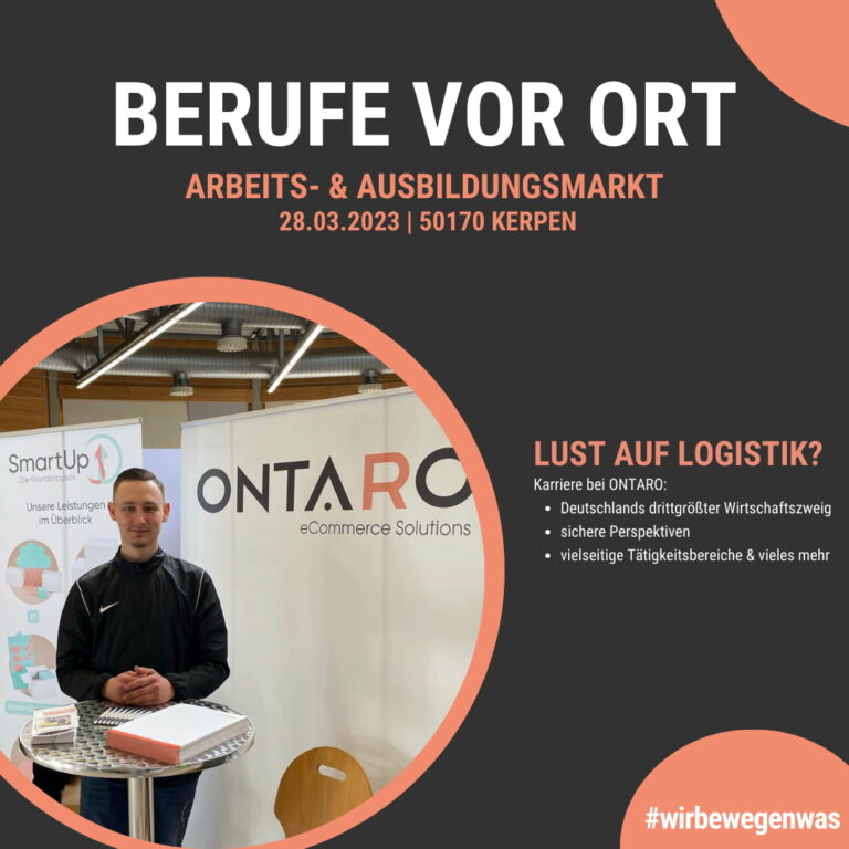 Veranstaltungsplakat „Berufe vor Ort“ für den Arbeits- und Ausbildungsmarkt in Kerpen mit einem Foto des ONTARO-Messestands und Karriere-Vorteilen in der Logistik.