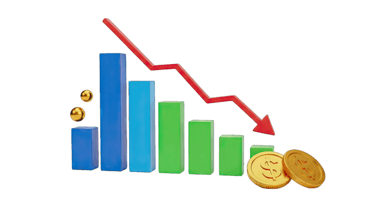 Säulendiagramm die einen Umsatzrückgang anzeigen. Ein roter Pfeil verdeutlicht die Umsatzflaute.