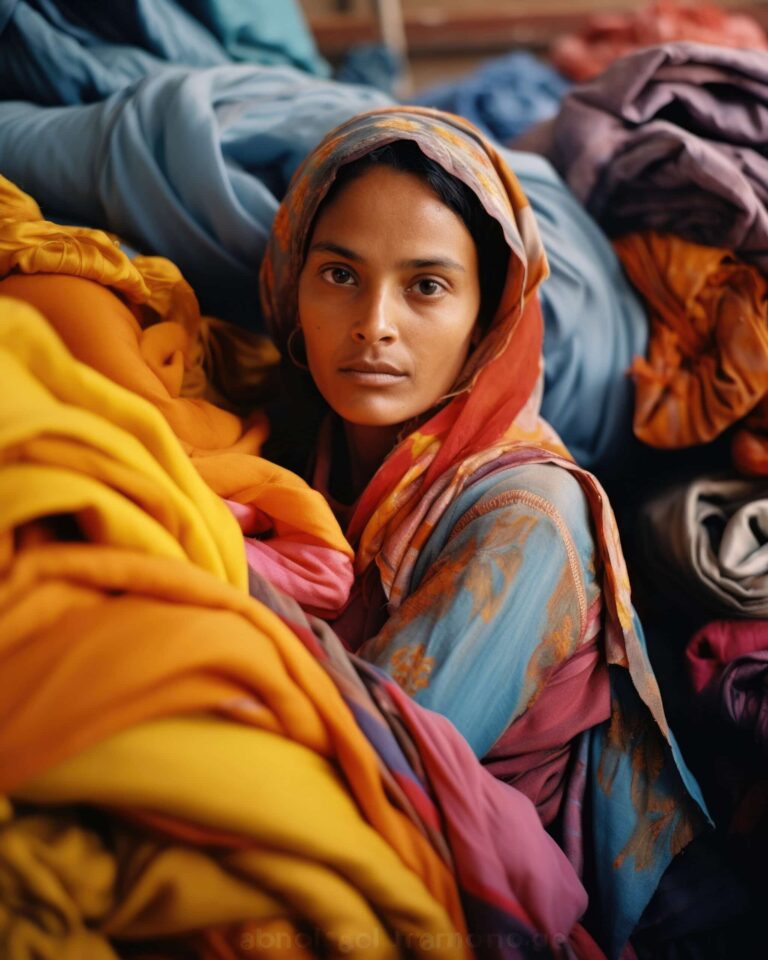 Eine Frau aus Indien sitzt inmitten von bunten Stoffmassen.