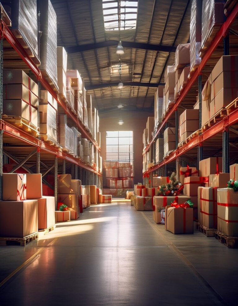 Weihnachtspakete, Lagerhalle mit Hochregalen