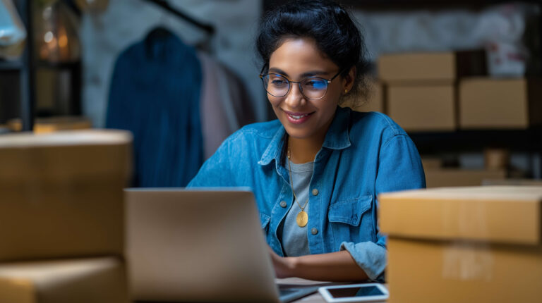 Frau mit schwarzen Haaren vor einem Laptop inmitten von Paketen.