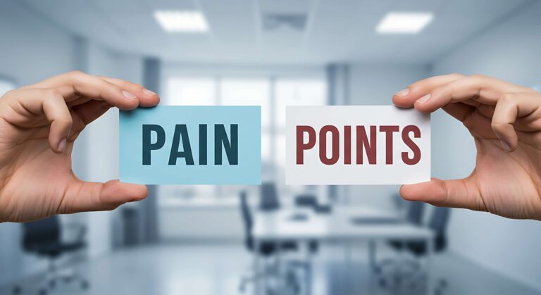 Zwei Hände halten jeweils ein Schild hoch auf denen geschrieben steht: PAIN POINTS