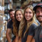 Vier junge, motivierte Teammitglieder stehen hintereinander im Gang eines Hochregallagers und lächeln glücklich in die Kamera. Der Fokus liegt auf einem Mann mit Basecap im Vordergrund.