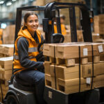 Eine freundlich lächelnde Logistikmitarbeiterin in orangefarbener Warnweste sitzt am Steuer eines Gabelstaplers im gut strukturierten Lager und transportiert verpackte Warengüter.