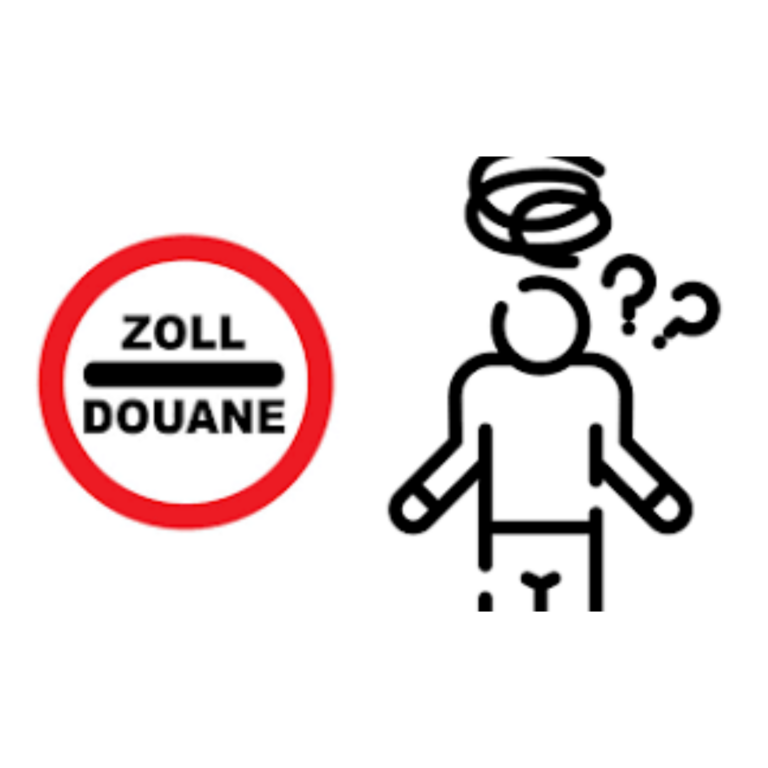 Symbolbild zum Thema Zolltarife: Zoll-/Douane-Schild neben einer verwirrten Person mit Fragezeichen und Kritzeleien über dem Kopf.